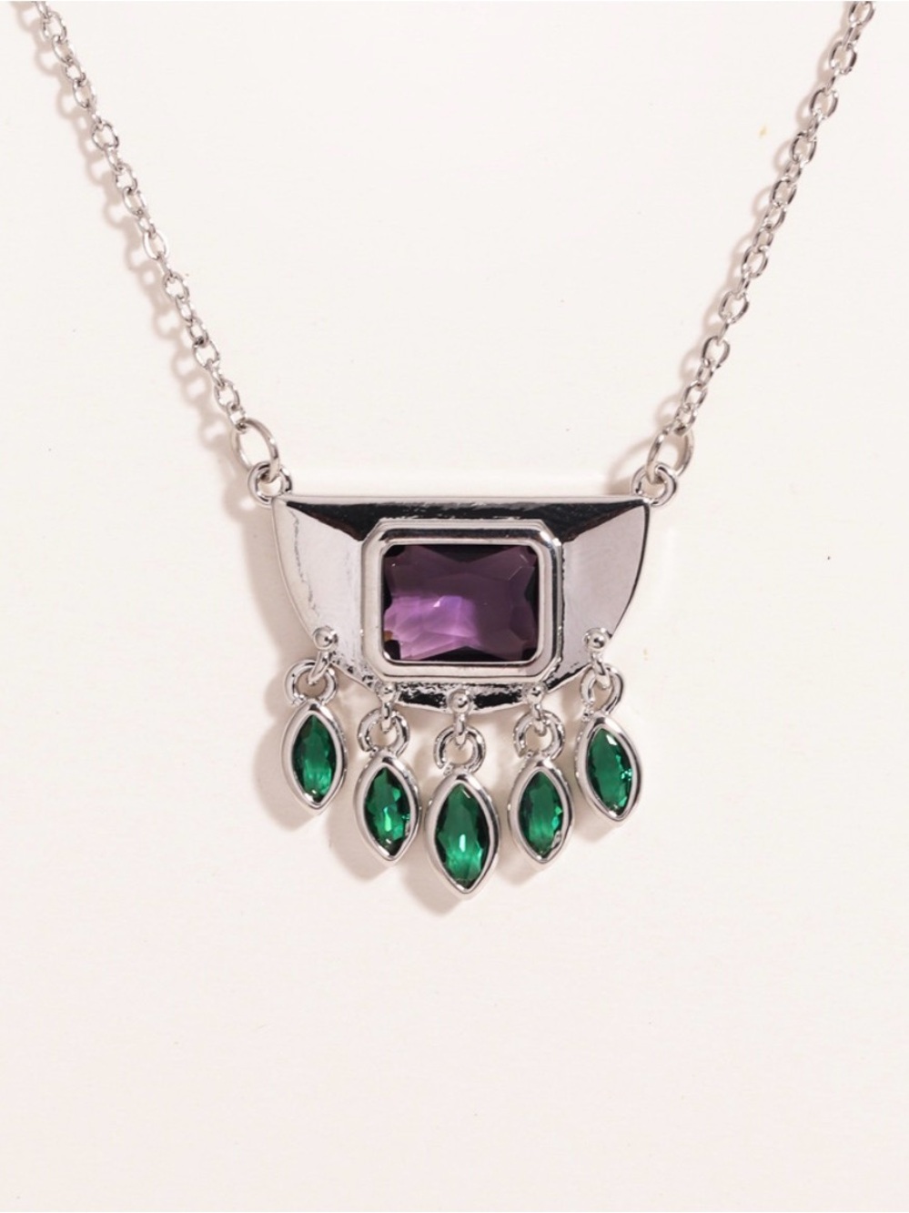 Silver Pendant Necklace with Purple and Emerald Stones
